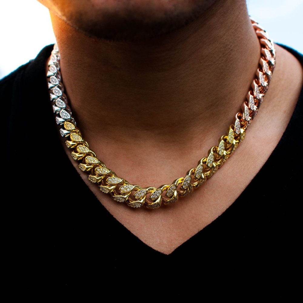 Tri-Colored Diamond Cuban Link Choker (12mm) Gold